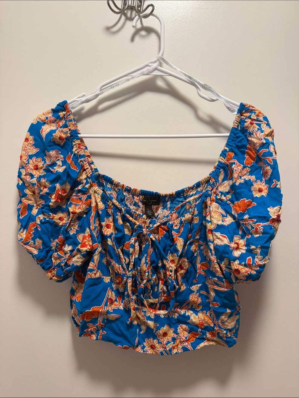 Jessica Simpson Blue Floral Puff-Sleeve Crop Top